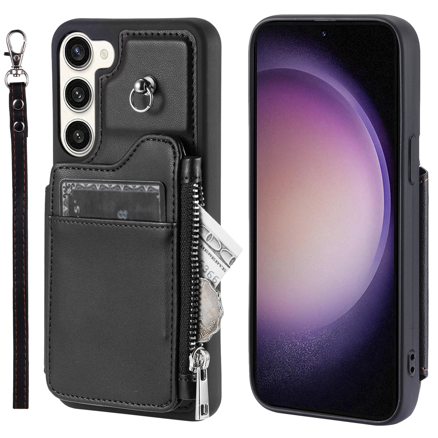 009 For Samsung Galaxy S23+ PU Leather Coated TPU Phone Case RFID Blocking Zipper Wallet Kickstand Cover with Wrist Strap