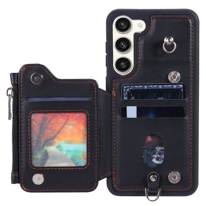 009 For Samsung Galaxy S23+ PU Leather Coated TPU Phone Case RFID Blocking Zipper Wallet Kickstand Cover with Wrist Strap