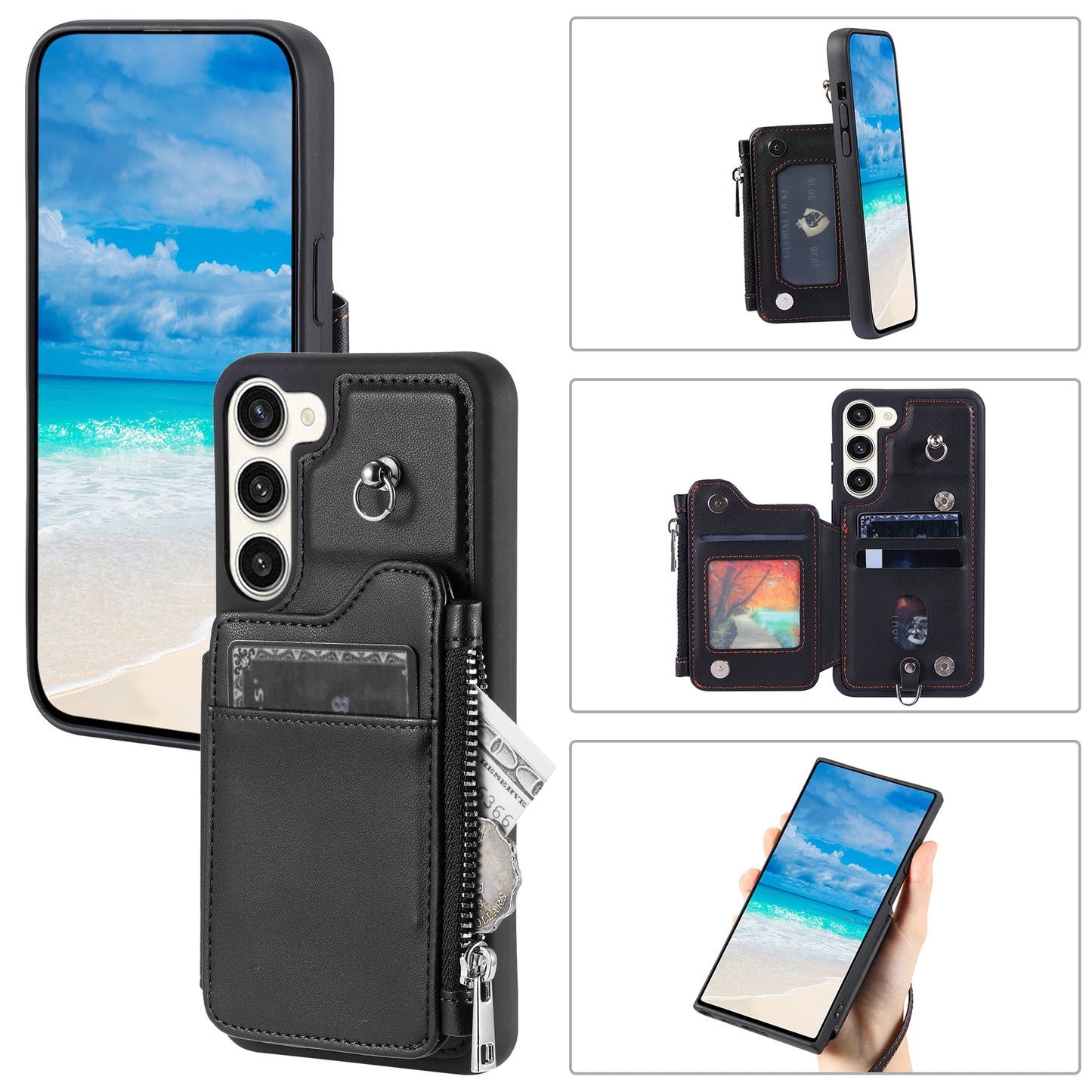 009 For Samsung Galaxy S23+ PU Leather Coated TPU Phone Case RFID Blocking Zipper Wallet Kickstand Cover with Wrist Strap