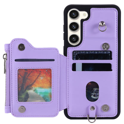 009 For Samsung Galaxy S23+ PU Leather Coated TPU Phone Case RFID Blocking Zipper Wallet Kickstand Cover with Wrist Strap