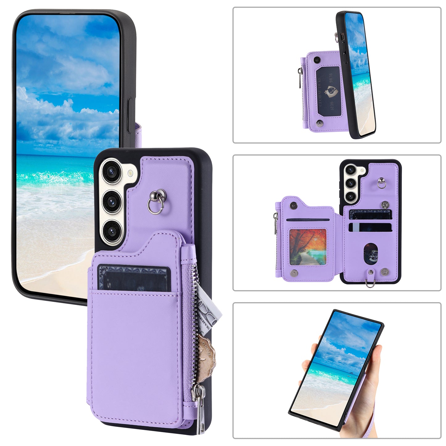 009 For Samsung Galaxy S23+ PU Leather Coated TPU Phone Case RFID Blocking Zipper Wallet Kickstand Cover with Wrist Strap