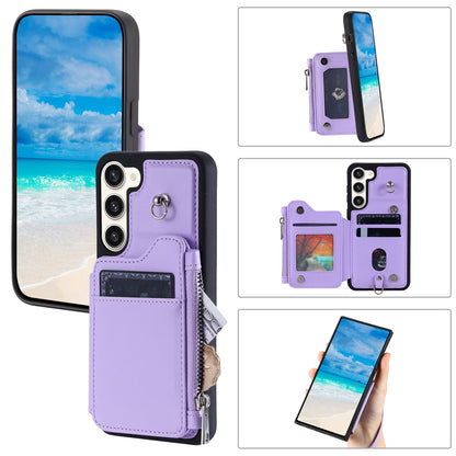 009 For Samsung Galaxy S23+ PU Leather Coated TPU Phone Case RFID Blocking Zipper Wallet Kickstand Cover with Wrist Strap