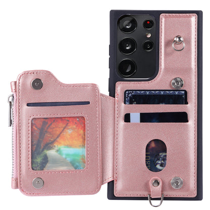 009 RFID Blocking Wallet Case for Samsung Galaxy S23 Ultra , PU Leather Coated TPU Kickstand Zipper Phone Cover with Straps