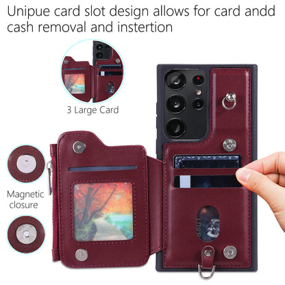 009 RFID Blocking Wallet Case for Samsung Galaxy S23 Ultra , PU Leather Coated TPU Kickstand Zipper Phone Cover with Straps