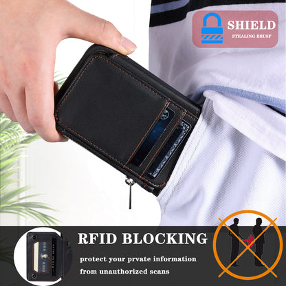 009 For Samsung Galaxy S23 RFID Blocking Zipper Phone Case PU Leather Coated TPU Wallet Kickstand Cover with Wrist Strap