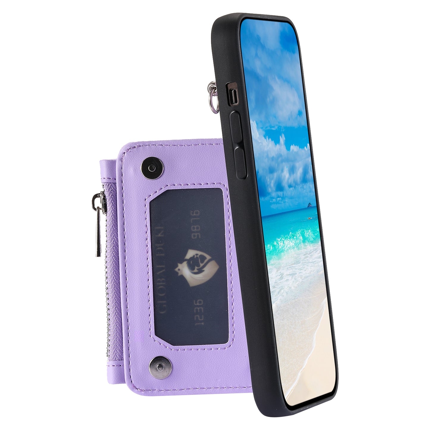 009 For Samsung Galaxy S23 RFID Blocking Zipper Phone Case PU Leather Coated TPU Wallet Kickstand Cover with Wrist Strap