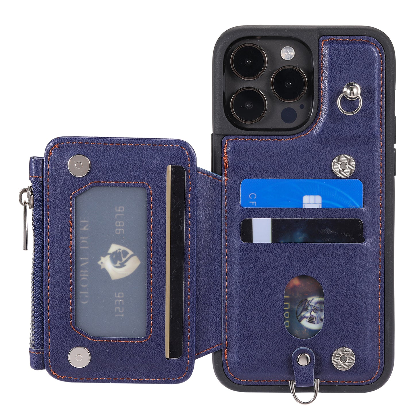009 Kickstand Phone Case for iPhone 15 Pro , Zipper Wallet RFID Blocking PU+TPU Cover with Strap