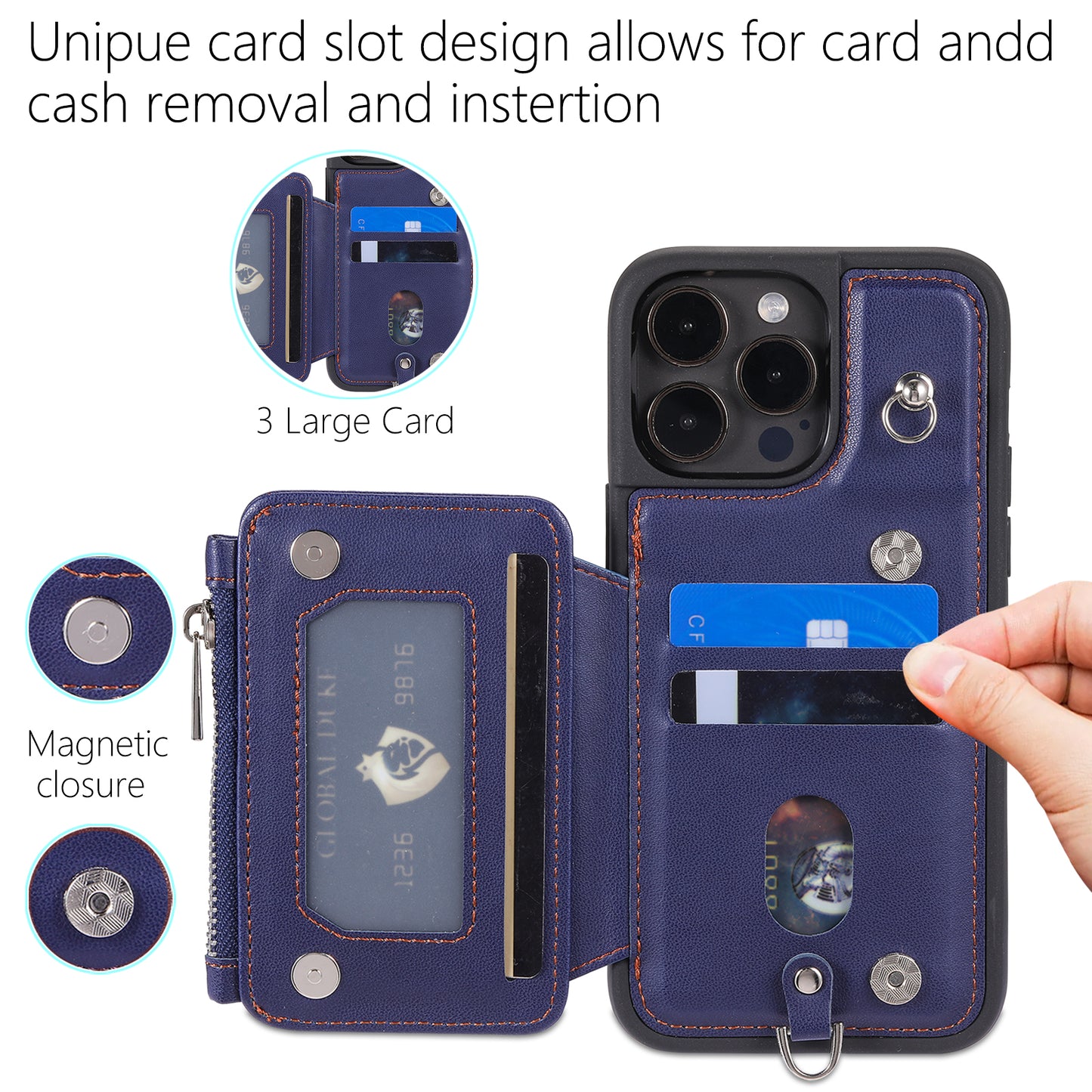 009 Kickstand Phone Case for iPhone 15 Pro , Zipper Wallet RFID Blocking PU+TPU Cover with Strap