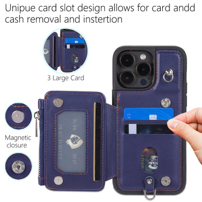 009 Kickstand Phone Case for iPhone 15 Pro , Zipper Wallet RFID Blocking PU+TPU Cover with Strap