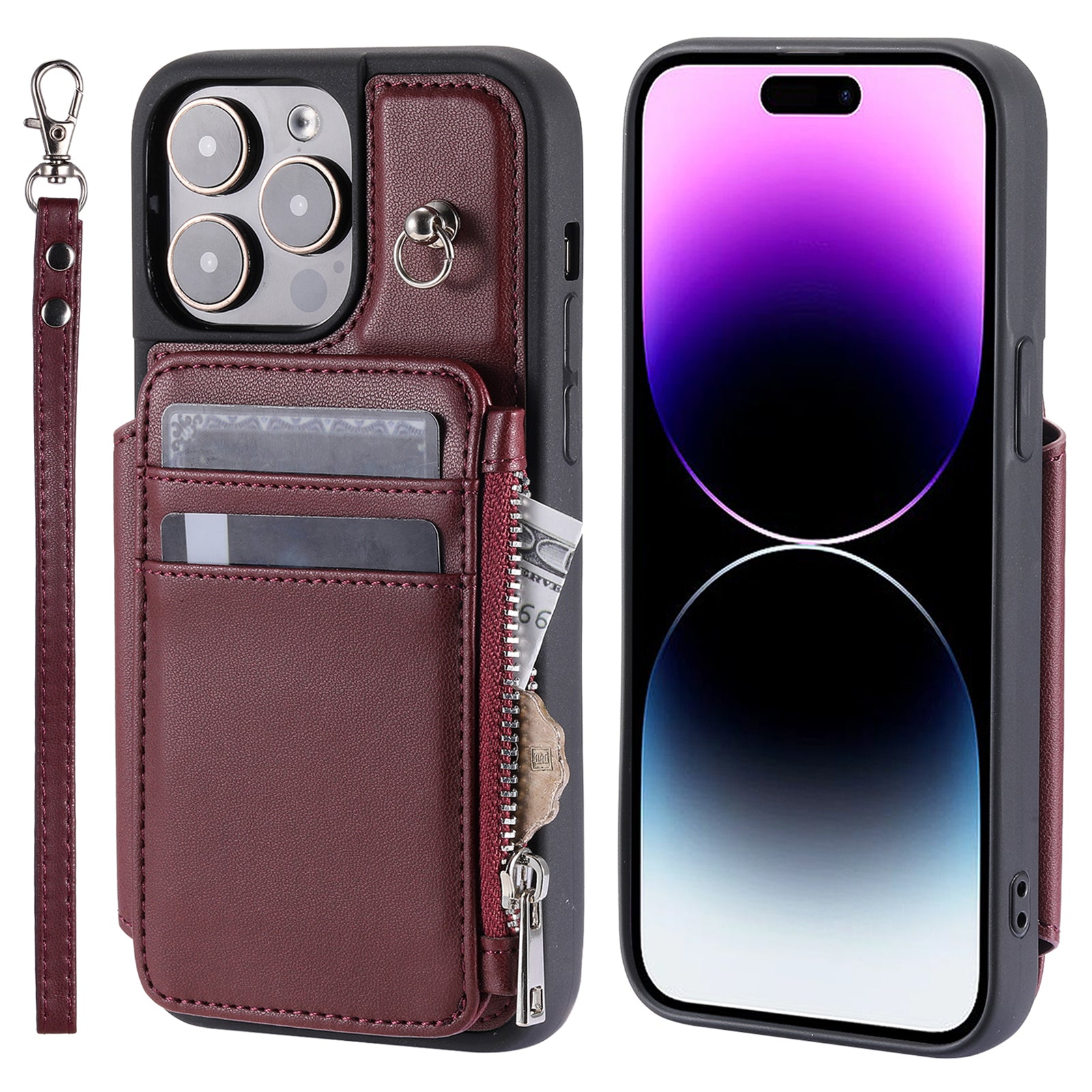 009 Kickstand Phone Case for iPhone 15 Pro , Zipper Wallet RFID Blocking PU+TPU Cover with Strap