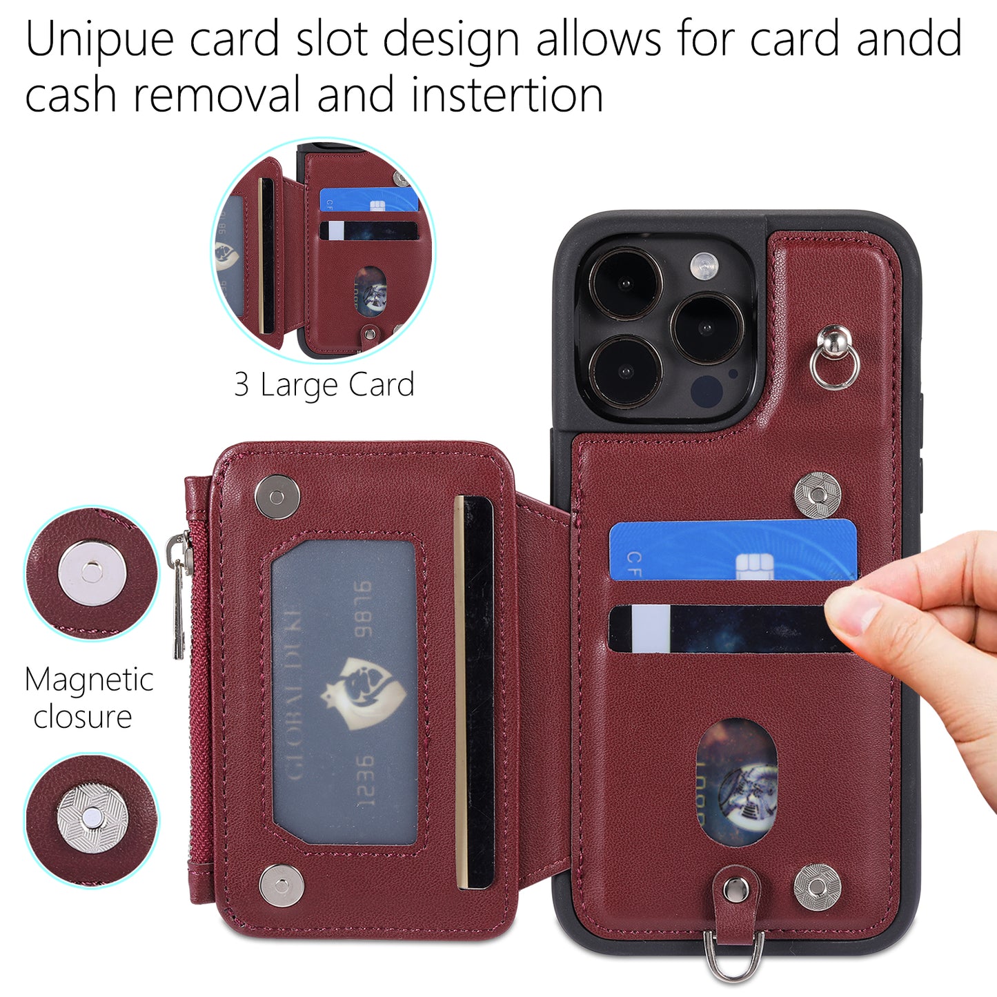 009 Kickstand Phone Case for iPhone 15 Pro , Zipper Wallet RFID Blocking PU+TPU Cover with Strap
