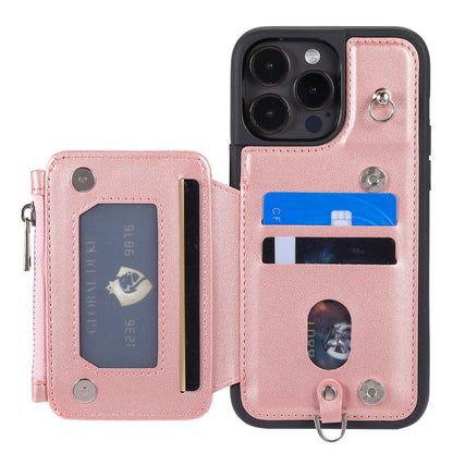 009 Kickstand Phone Case for iPhone 15 Pro , Zipper Wallet RFID Blocking PU+TPU Cover with Strap