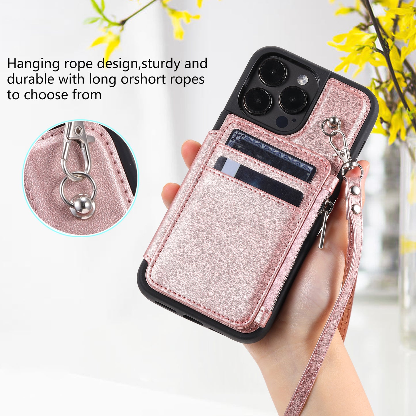 009 Kickstand Phone Case for iPhone 15 Pro , Zipper Wallet RFID Blocking PU+TPU Cover with Strap