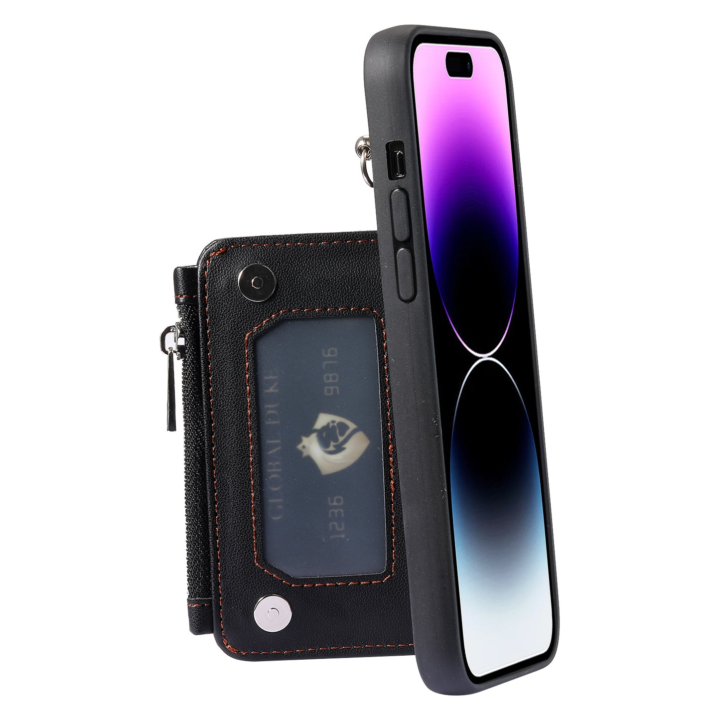 009 Kickstand Phone Case for iPhone 15 Pro , Zipper Wallet RFID Blocking PU+TPU Cover with Strap