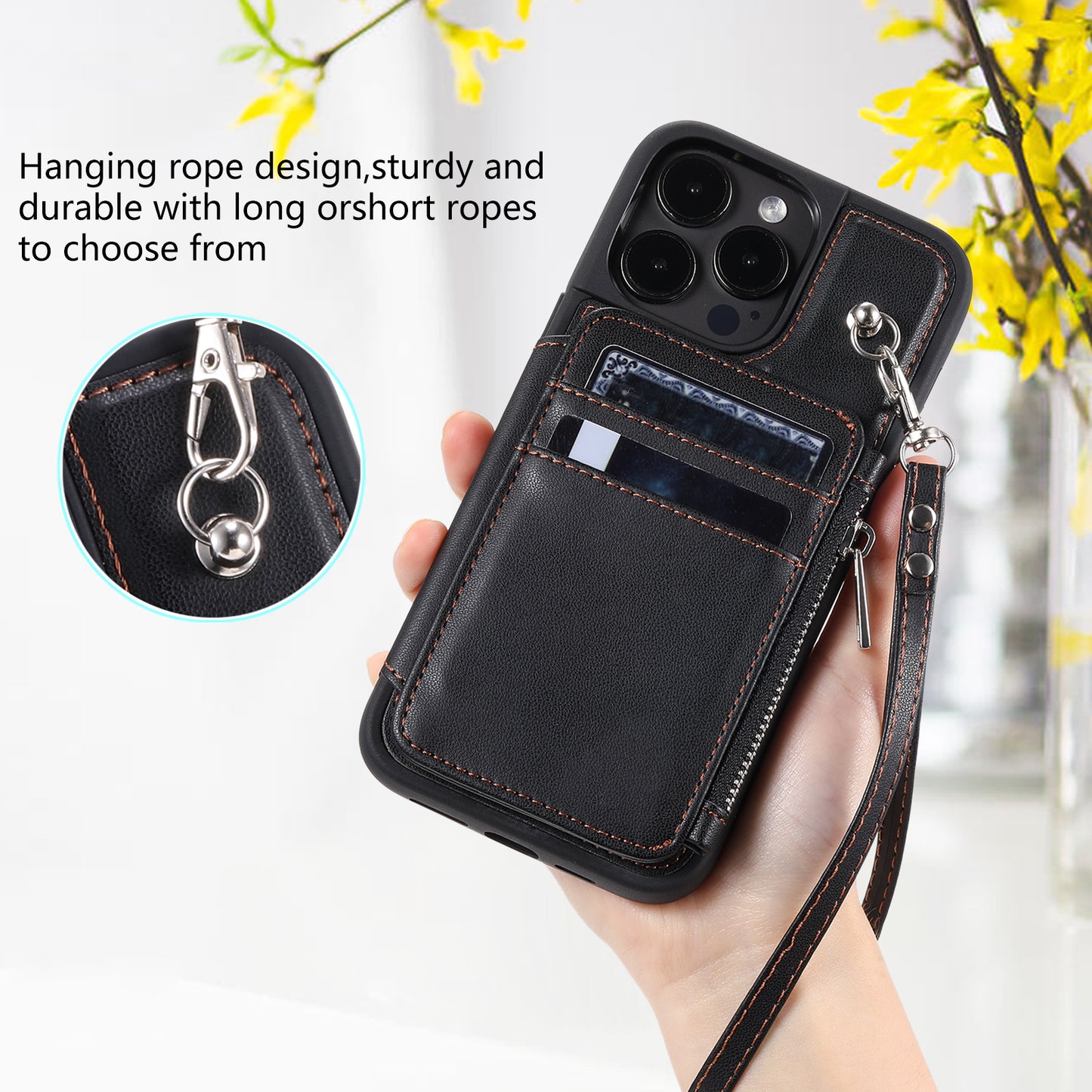 009 Kickstand Phone Case for iPhone 15 Pro , Zipper Wallet RFID Blocking PU+TPU Cover with Strap