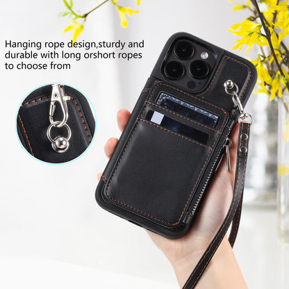 009 Kickstand Phone Case for iPhone 15 Pro , Zipper Wallet RFID Blocking PU+TPU Cover with Strap