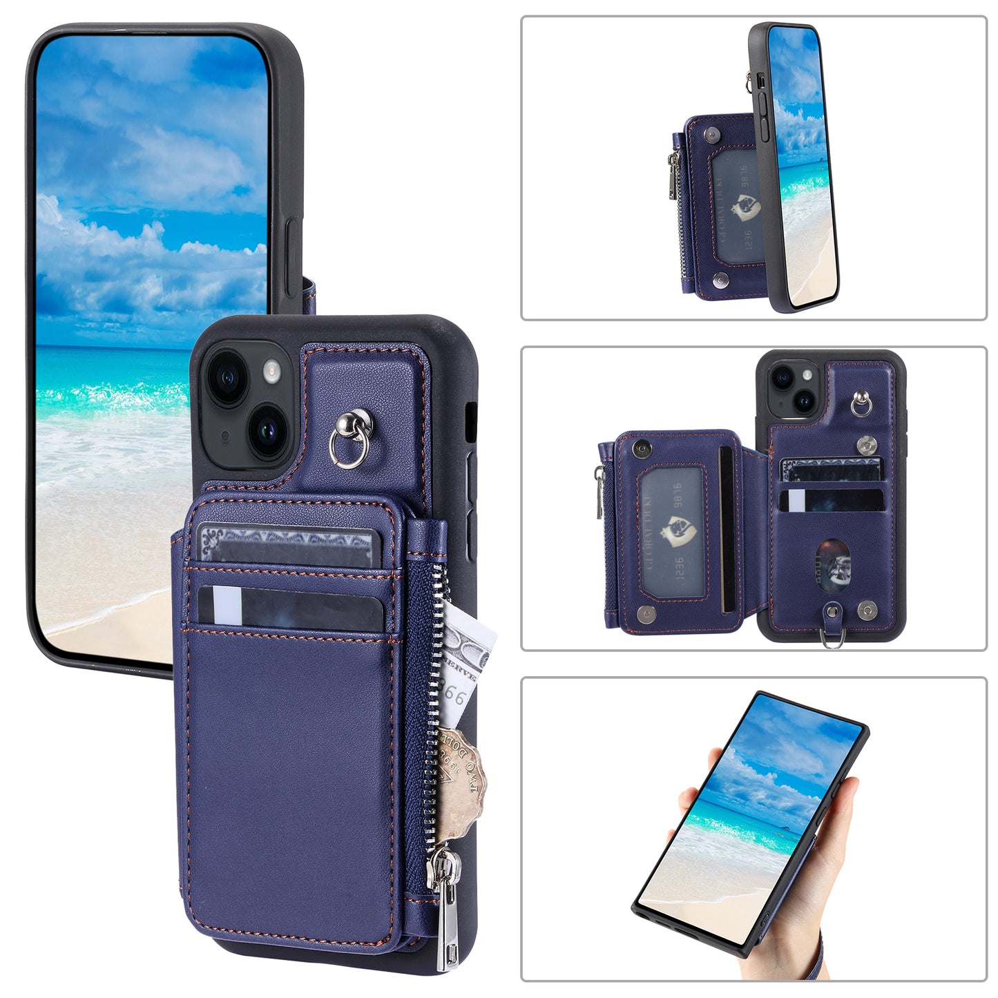 009 For iPhone 15 Kickstand Phone Cover RFID Blocking PU+TPU Zipper Wallet Phone Case with Straps