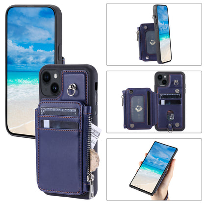 009 For iPhone 15 Kickstand Phone Cover RFID Blocking PU+TPU Zipper Wallet Phone Case with Straps