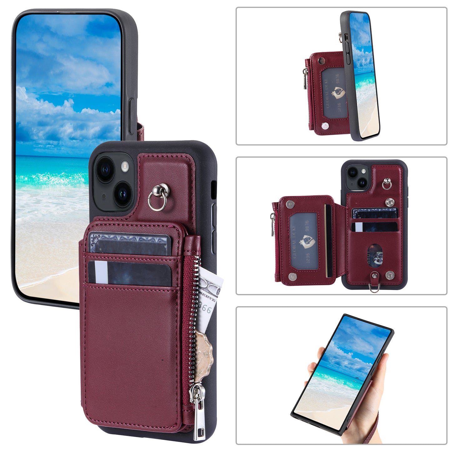 009 For iPhone 15 Kickstand Phone Cover RFID Blocking PU+TPU Zipper Wallet Phone Case with Straps