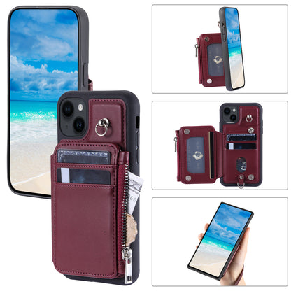 009 For iPhone 15 Kickstand Phone Cover RFID Blocking PU+TPU Zipper Wallet Phone Case with Straps