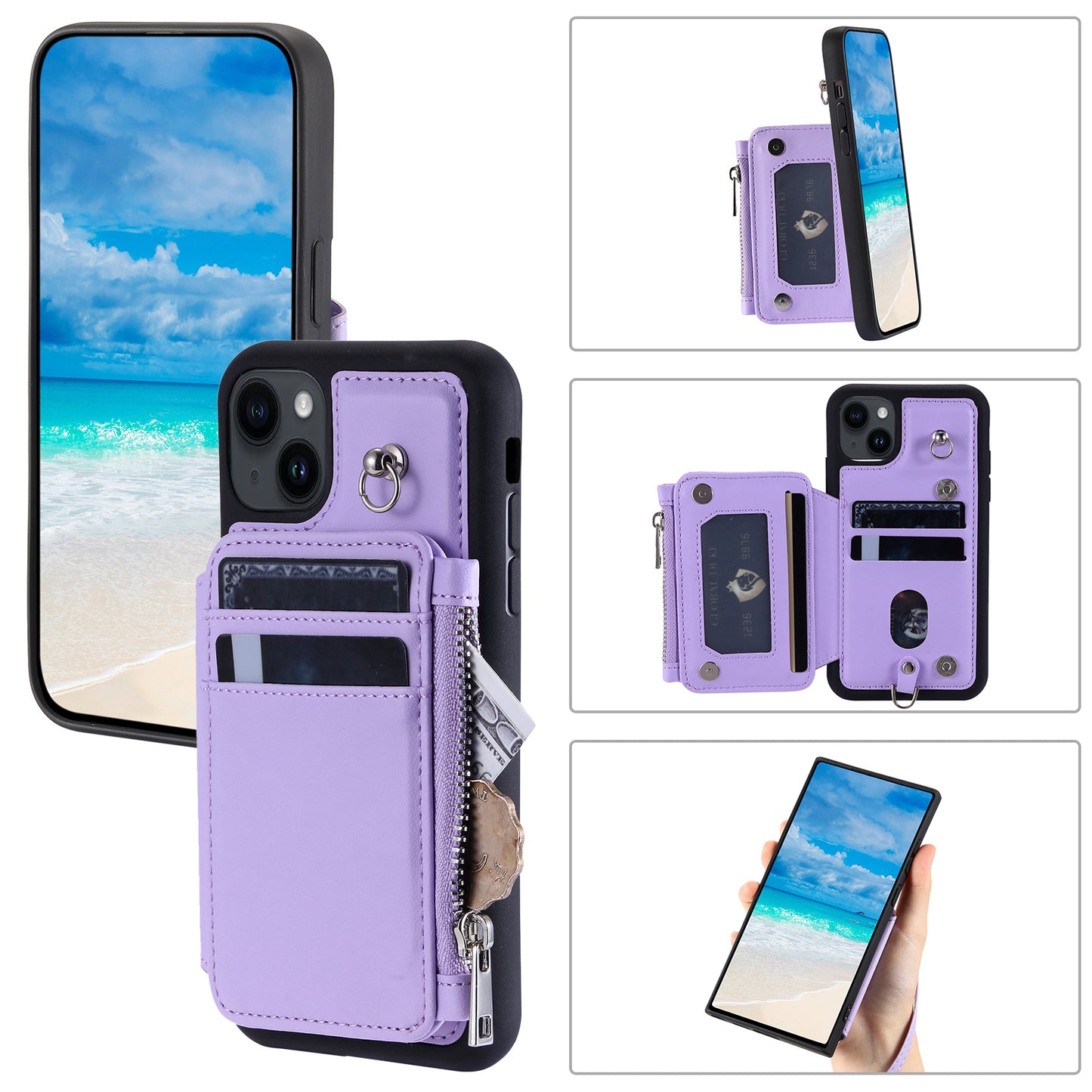 009 For iPhone 15 Kickstand Phone Cover RFID Blocking PU+TPU Zipper Wallet Phone Case with Straps