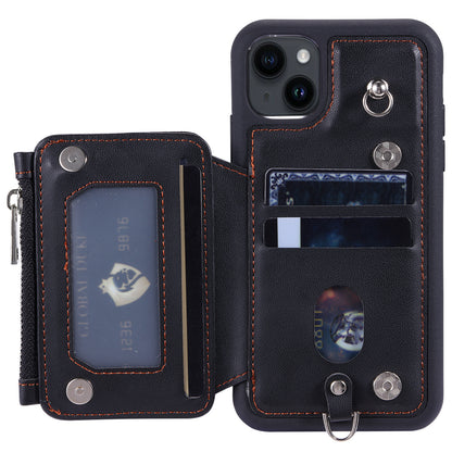 009 For iPhone 15 Kickstand Phone Cover RFID Blocking PU+TPU Zipper Wallet Phone Case with Straps