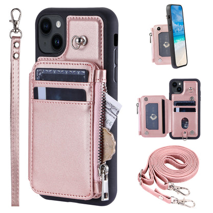 009 For iPhone 15 Kickstand Phone Cover RFID Blocking PU+TPU Zipper Wallet Phone Case with Straps