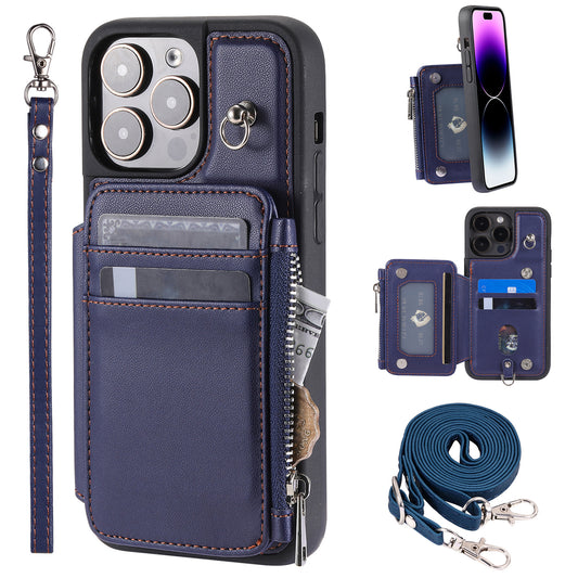 009 Zipper Wallet Phone Case for iPhone 15 Pro Kickstand Phone Cover RFID Blocking PU+TPU Case with Straps