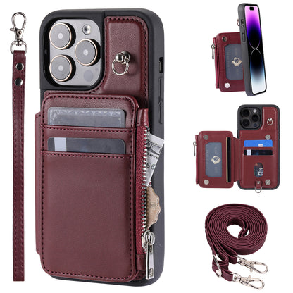 009 Zipper Wallet Phone Case for iPhone 15 Pro Kickstand Phone Cover RFID Blocking PU+TPU Case with Straps