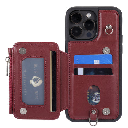 009 Zipper Wallet Phone Case for iPhone 15 Pro Kickstand Phone Cover RFID Blocking PU+TPU Case with Straps
