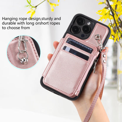 009 Zipper Wallet Phone Case for iPhone 15 Pro Kickstand Phone Cover RFID Blocking PU+TPU Case with Straps