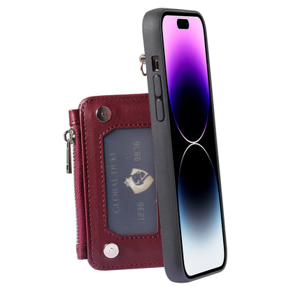 009 Protection Cover for iPhone 15 Pro Max , RFID Blocking PU+TPU Case Kickstand Zipper Wallet Shell with Strap