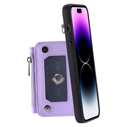 009 Protection Cover for iPhone 15 Pro Max , RFID Blocking PU+TPU Case Kickstand Zipper Wallet Shell with Strap