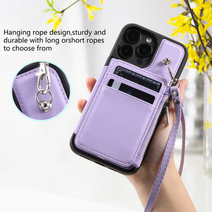 009 Protection Cover for iPhone 15 Pro Max , RFID Blocking PU+TPU Case Kickstand Zipper Wallet Shell with Strap