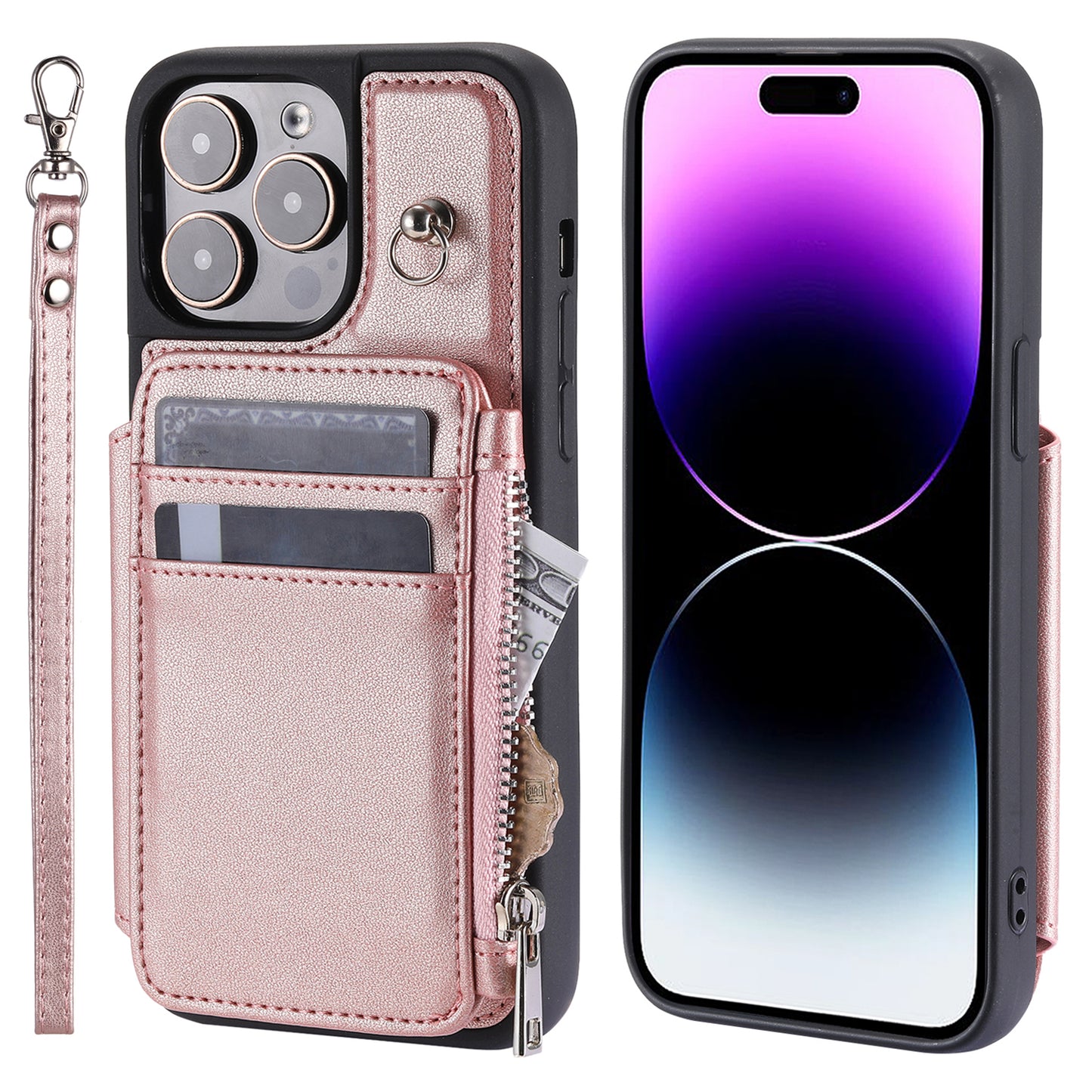 009 Protection Cover for iPhone 15 Pro Max , RFID Blocking PU+TPU Case Kickstand Zipper Wallet Shell with Strap