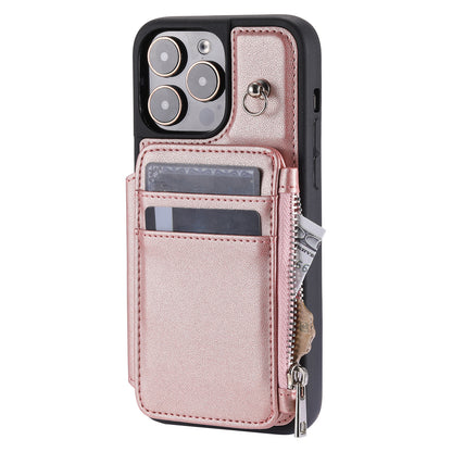 009 Protection Cover for iPhone 15 Pro Max , RFID Blocking PU+TPU Case Kickstand Zipper Wallet Shell with Strap