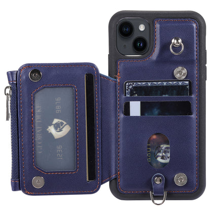 009 Cell Phone Case for iPhone 15 Plus , Kickstand Zipper Wallet RFID Blocking PU+TPU Cover with Strap