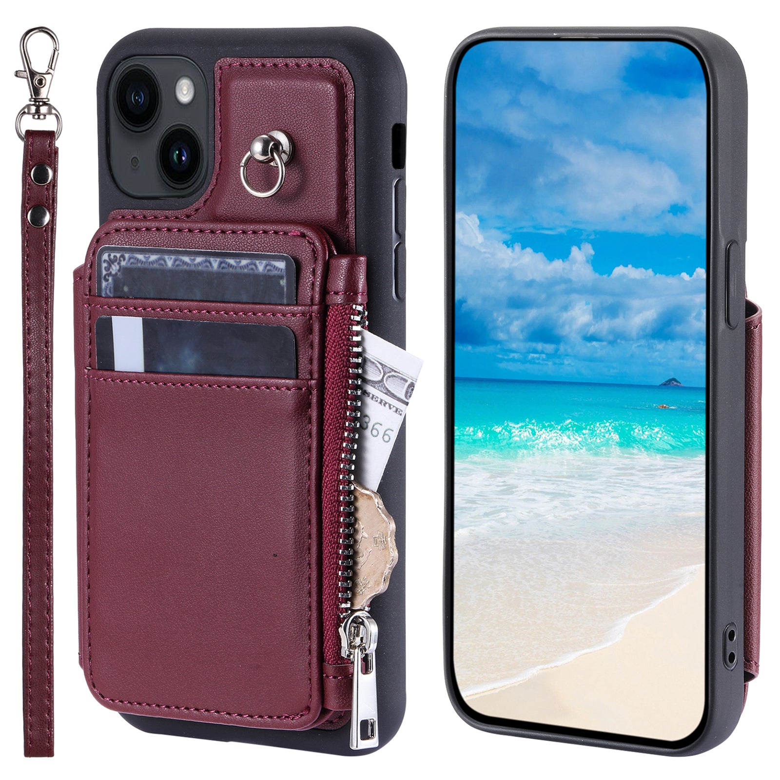 009 Cell Phone Case for iPhone 15 Plus , Kickstand Zipper Wallet RFID Blocking PU+TPU Cover with Strap