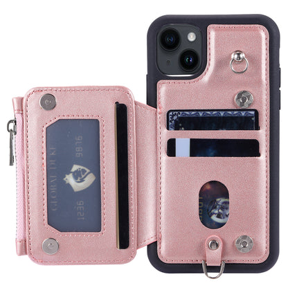 009 Cell Phone Case for iPhone 15 Plus , Kickstand Zipper Wallet RFID Blocking PU+TPU Cover with Strap