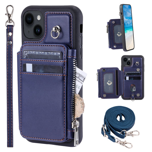 009 RFID Blocking PU+TPU Phone Cover for iPhone 15 Plus Kickstand Zipper Wallet Phone Case with Straps
