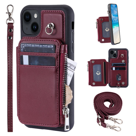 009 RFID Blocking PU+TPU Phone Cover for iPhone 15 Plus Kickstand Zipper Wallet Phone Case with Straps