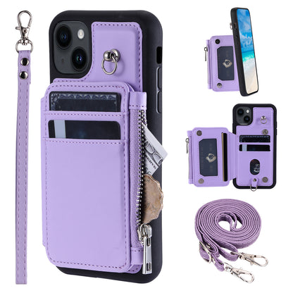 009 RFID Blocking PU+TPU Phone Cover for iPhone 15 Plus Kickstand Zipper Wallet Phone Case with Straps
