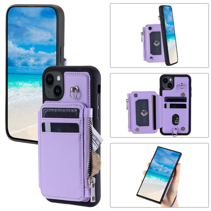 009 RFID Blocking PU+TPU Phone Cover for iPhone 15 Plus Kickstand Zipper Wallet Phone Case with Straps