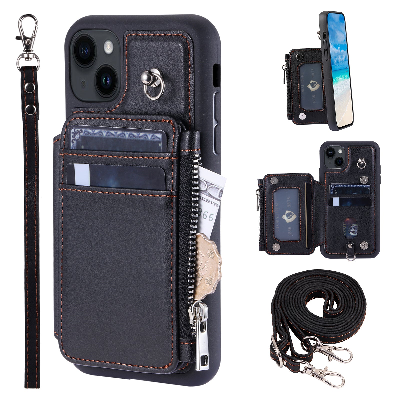 009 RFID Blocking PU+TPU Phone Cover for iPhone 15 Plus Kickstand Zipper Wallet Phone Case with Straps