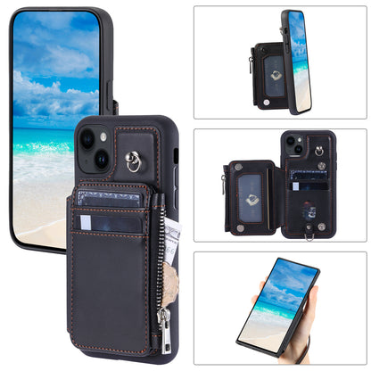 009 RFID Blocking PU+TPU Phone Cover for iPhone 15 Plus Kickstand Zipper Wallet Phone Case with Straps