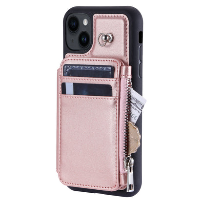 009 RFID Blocking PU+TPU Phone Cover for iPhone 15 Plus Kickstand Zipper Wallet Phone Case with Straps