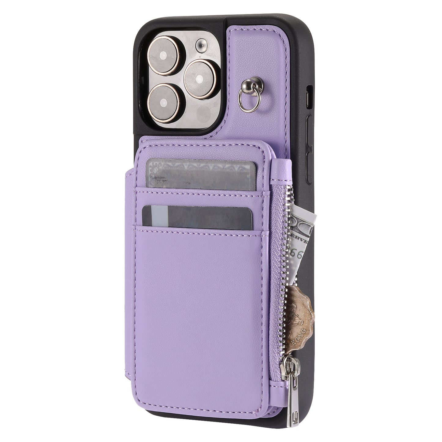 009 Kickstand Phone Case for iPhone 15 Pro Max Zipper Wallet Phone Cover RFID Blocking PU+TPU Case with Straps