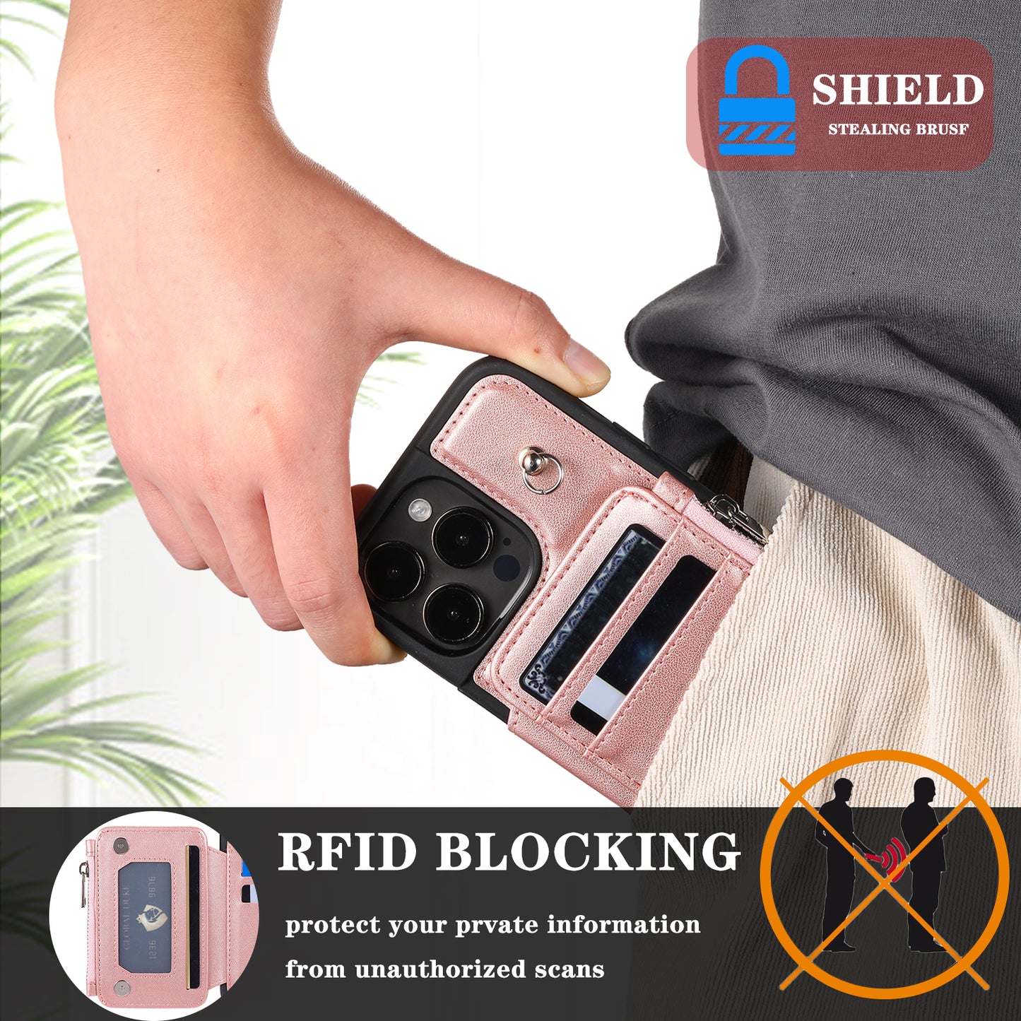 009 Kickstand Phone Case for iPhone 15 Pro Max Zipper Wallet Phone Cover RFID Blocking PU+TPU Case with Straps