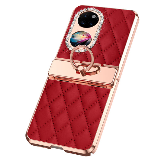 For Huawei P50 Pocket Imprinted Leather Coated PC Phone Case Rhinestone Ring Kickstand Electroplating Phone Cover
