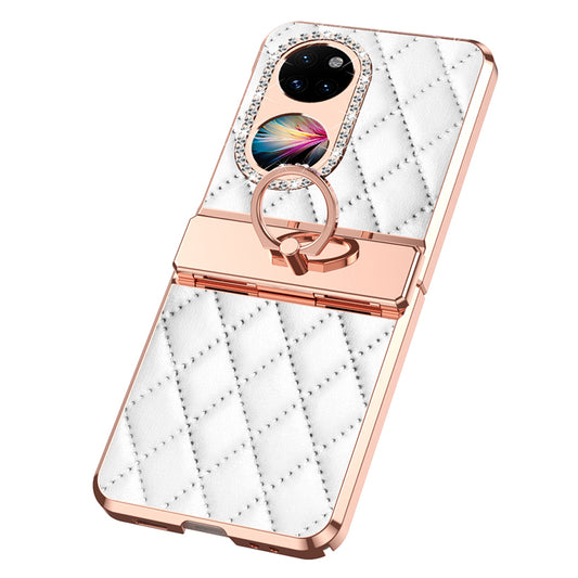 For Huawei P50 Pocket Imprinted Leather Coated PC Phone Case Rhinestone Ring Kickstand Electroplating Phone Cover
